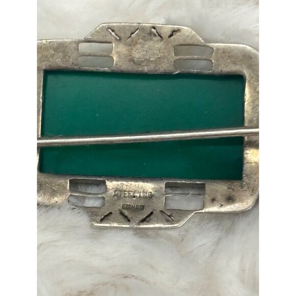 Vintage 1930s Art Deco Sterling Silver Green Agate & Marcasite Brooch - Germany - Picture 6 of 12